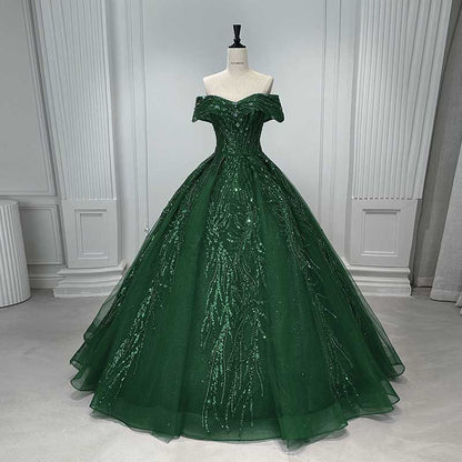 Off Shoulder Ball Gown Sequin Formal Dresses With Detachable Crinoline.