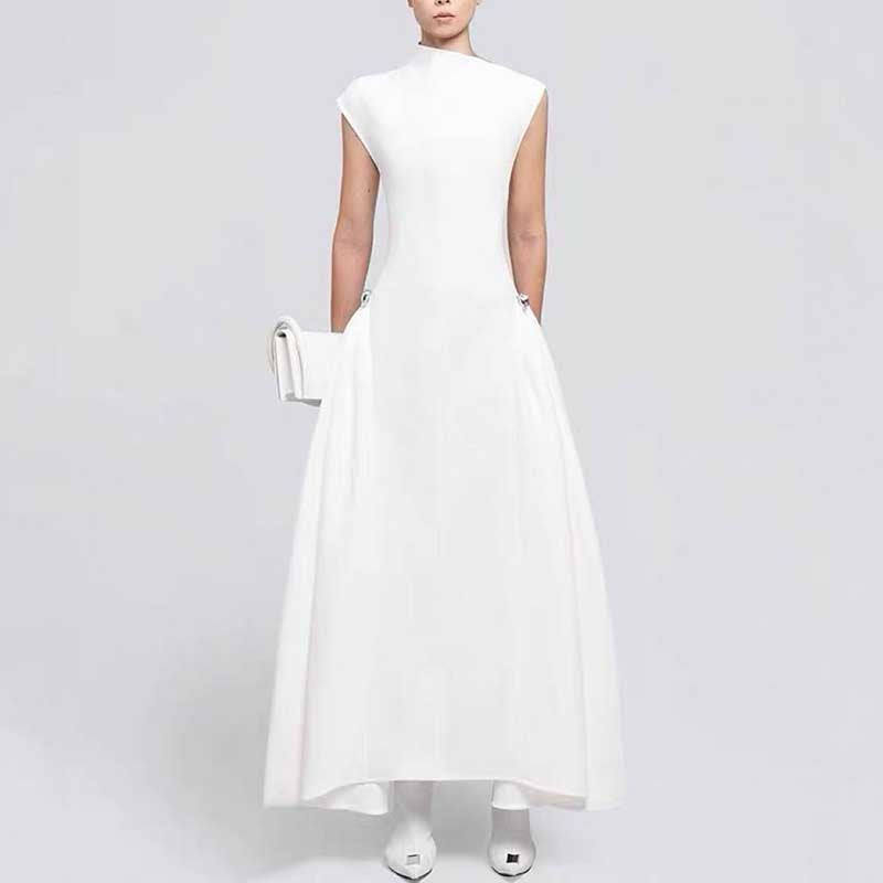 Mock Neck A-Line Midi Dress with Pockets For Women