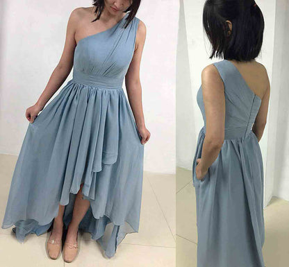 One Shoulder Bridesmaid Dresses High Low Chiffon Evening Formal Gown