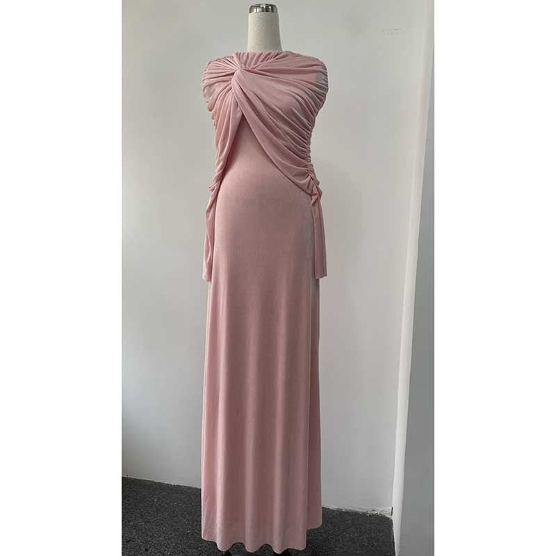 Raw Edge Detail Ruched Maxi Dress Long Sleeves