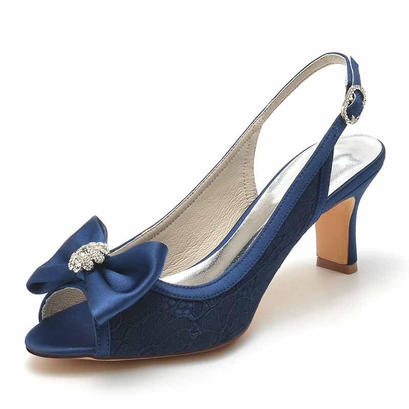 Bow Detail Lace Wedding Shoes 2.56" Slingback Kitten Heels