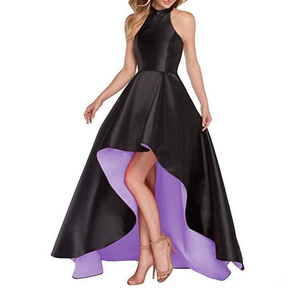 High Low Satin Prom Dress Halter Wedding Guest Dress Party Ball Gown