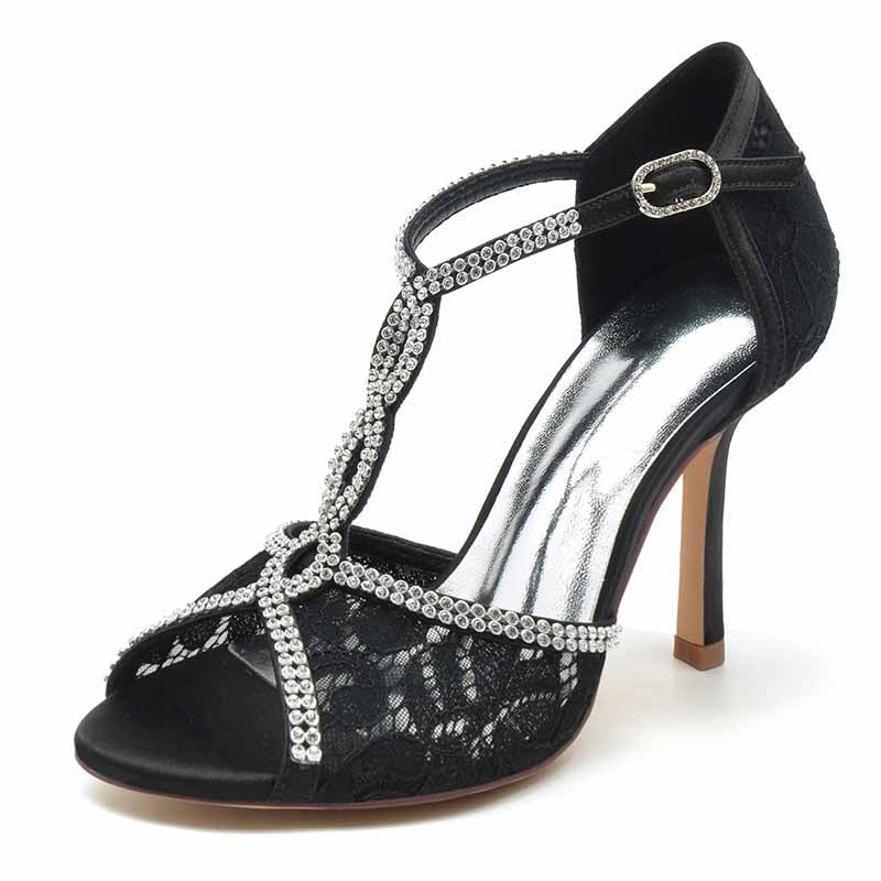 3.35" Peep-Toe Lace Bridal Shoes T-Strap Prom Heels