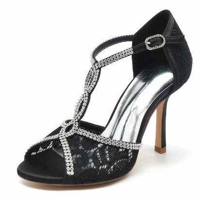 3.35" Peep-Toe Lace Bridal Shoes T-Strap Prom Heels