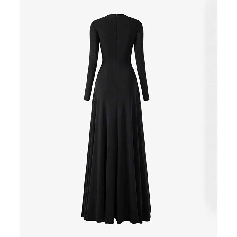 Asymmetric Long Sleeve Maxi Dress with Ruffles for Women in black with long sleeves and floor-length design.