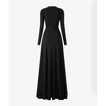 Asymmetric Long Sleeve Maxi Dress with Ruffles for Women in black with long sleeves and floor-length design.
