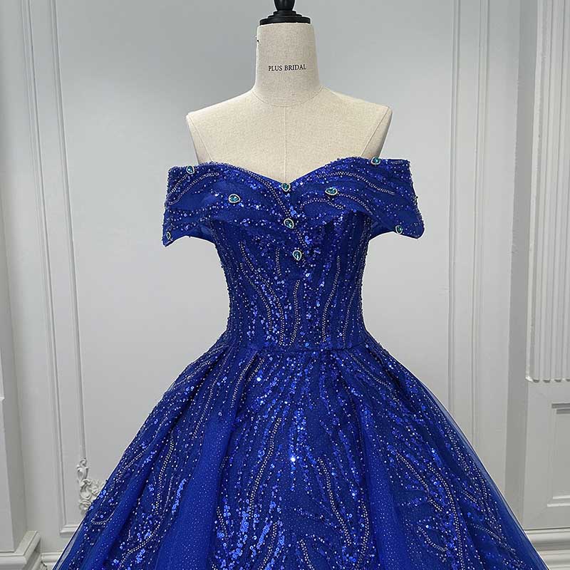 Off Shoulder Ball Gown Sequin Formal Dresses With Detachable Crinoline.