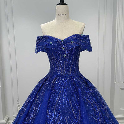 Off Shoulder Ball Gown Sequin Formal Dresses With Detachable Crinoline.