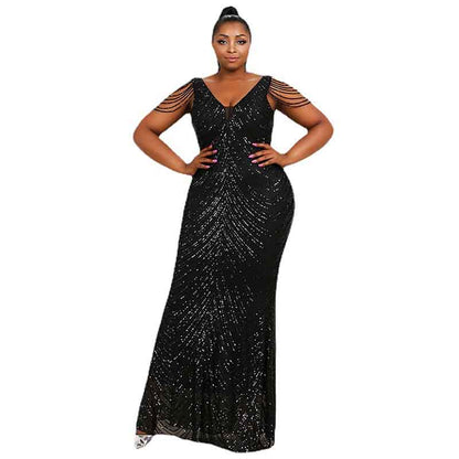 Plus Size Ball Gown Halter Sequin Tassel Sleeveless Maxi Prom Dress