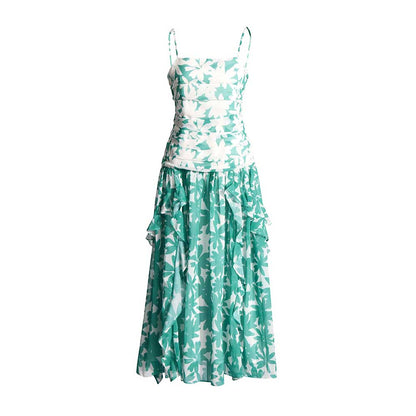 Green Printed Strapless Maxi Dress