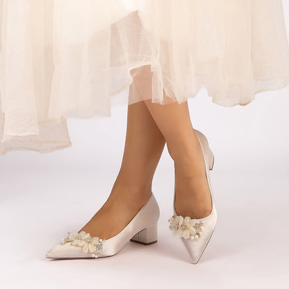 Satin Wedding Shoes Chunky Heel Point Toe Bridal Heels Dress Shoes
