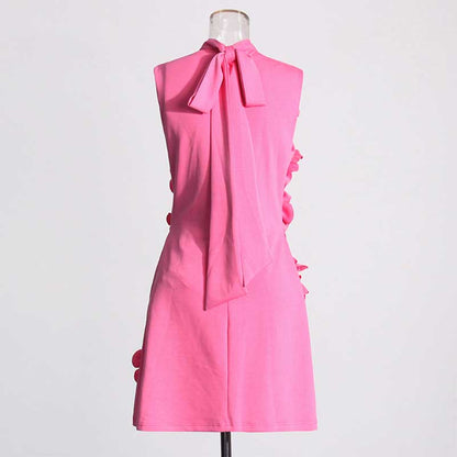 Sleeveless Standard Collar Short Dress Flower Embellished Mini Dress