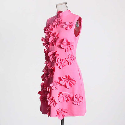 Sleeveless Standard Collar Short Dress Flower Embellished Mini Dress