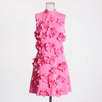 Sleeveless Standard Collar Short Dress Flower Embellished Mini Dress