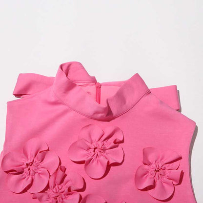 Sleeveless Standard Collar Short Dress Flower Embellished Mini Dress