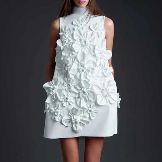 Sleeveless Standard Collar Short Dress Flower Embellished Mini Dress