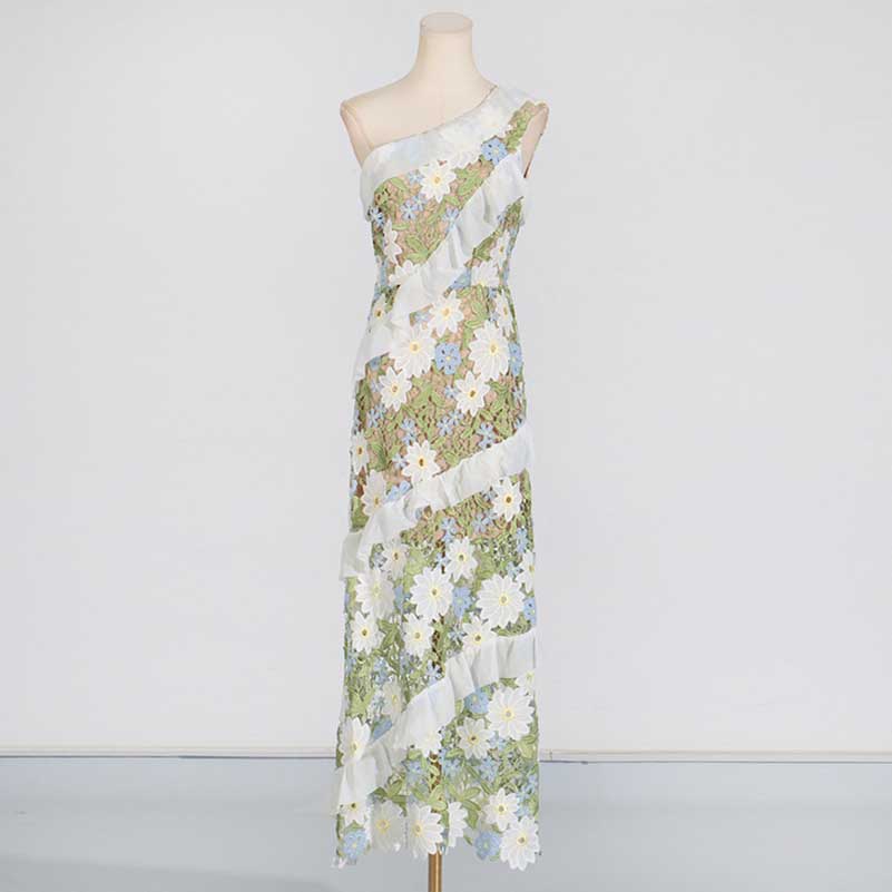 One Shoulder Lace Flora Maxi Dress