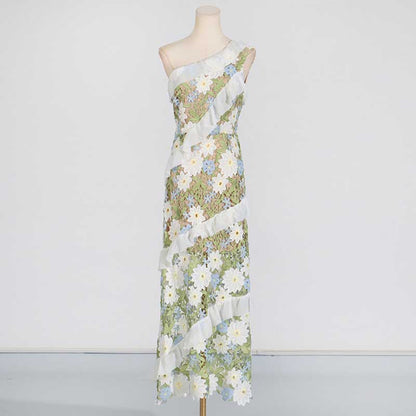 One Shoulder Lace Flora Maxi Dress