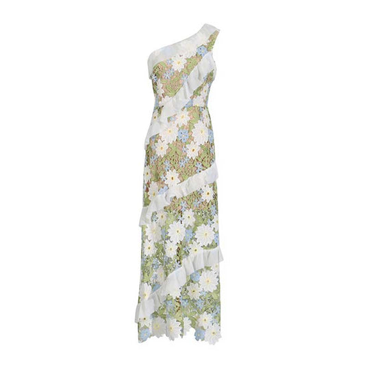 One Shoulder Lace Flora Maxi Dress