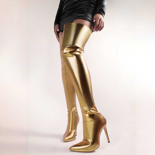 Shiny leather high heel over the knee boots for women in metallic gold with pointed toes