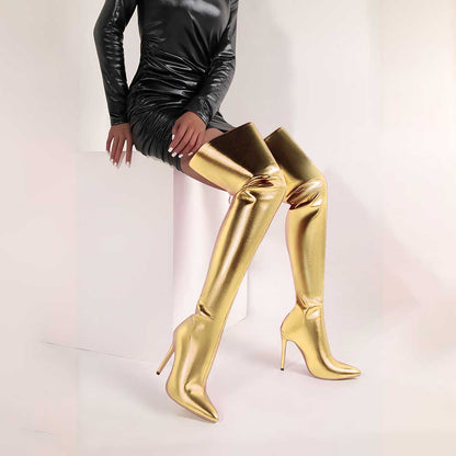 Gold shiny leather high heel over the knee boots for women styled with black dress