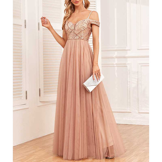 Rose Gold Long Prom Dress Off The Shoulder A Line Sequin Maxi Dress