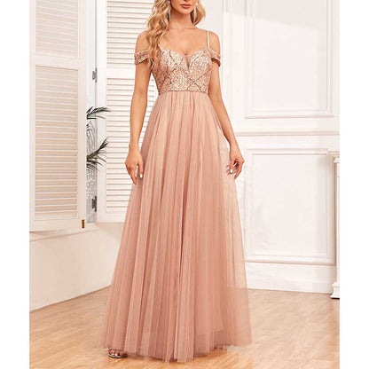 Rose Gold Long Prom Dress Off The Shoulder A Line Sequin Maxi Dress