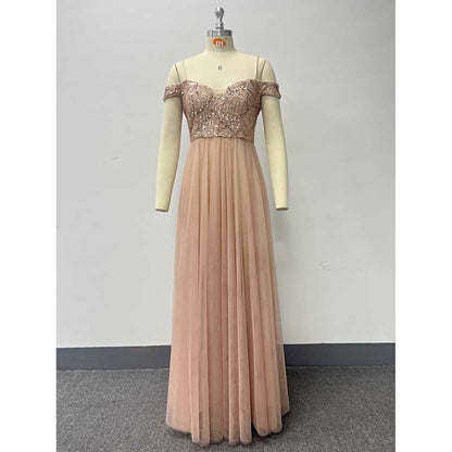 Rose Gold Long Prom Dress Off The Shoulder A Line Sequin Maxi Dress