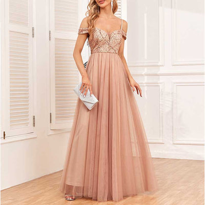 Rose Gold Long Prom Dress Off The Shoulder A Line Sequin Maxi Dress