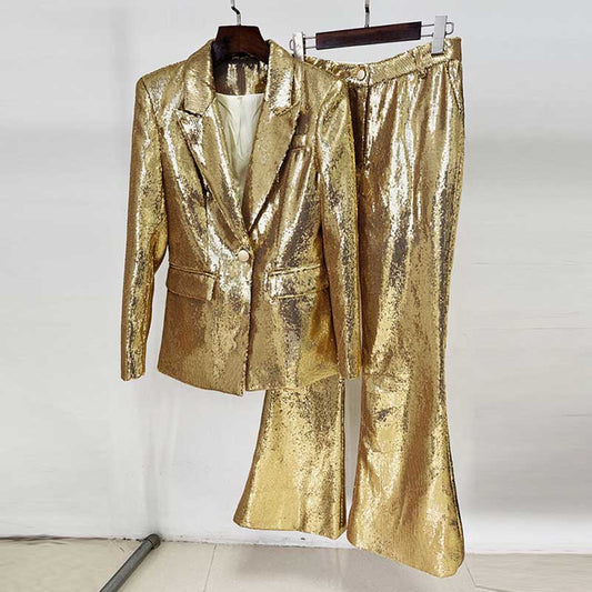 Sequin-embellished Blazer Suit One Button Gold Pantsuit