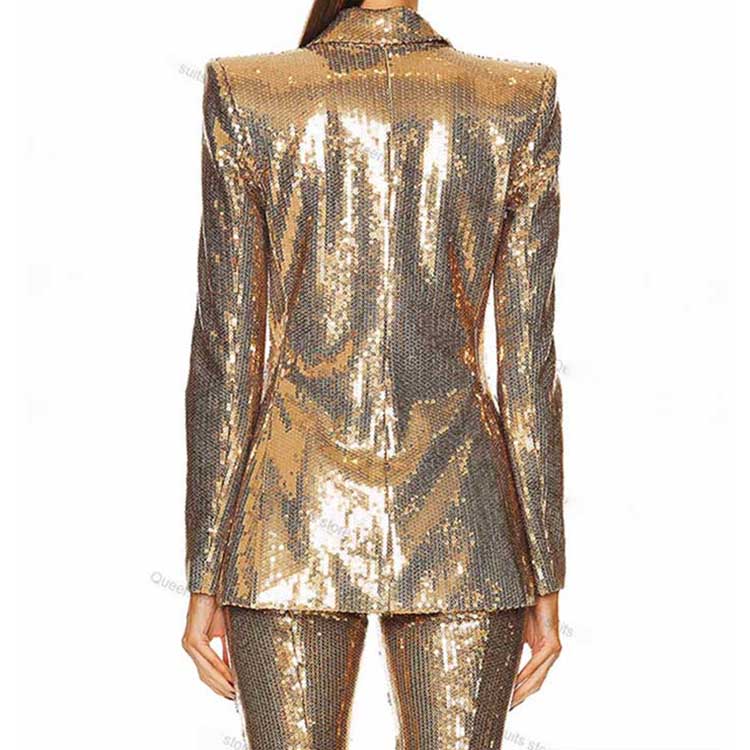Sequin-embellished Blazer Suit One Button Gold Pantsuit