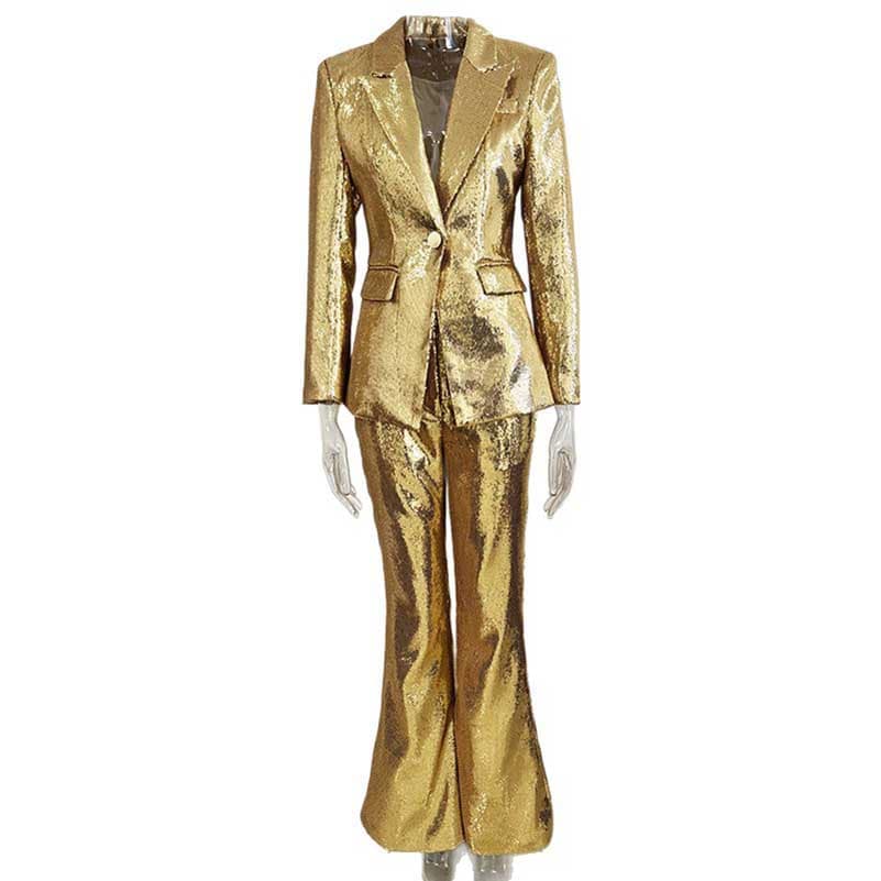 Sequin-embellished Blazer Suit One Button Gold Pantsuit