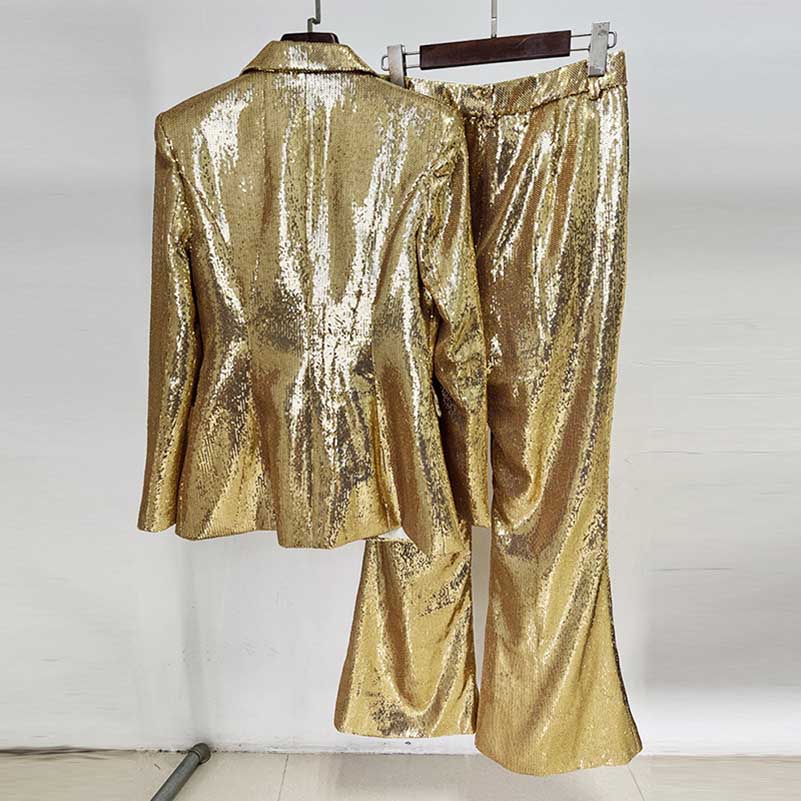 Sequin-embellished Blazer Suit One Button Gold Pantsuit