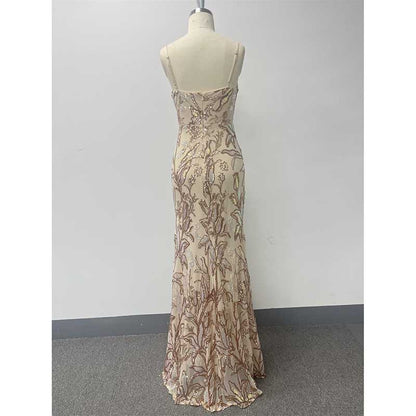 Gold Sequin Long Prom Dress A Line High Split Long Evening Dress
