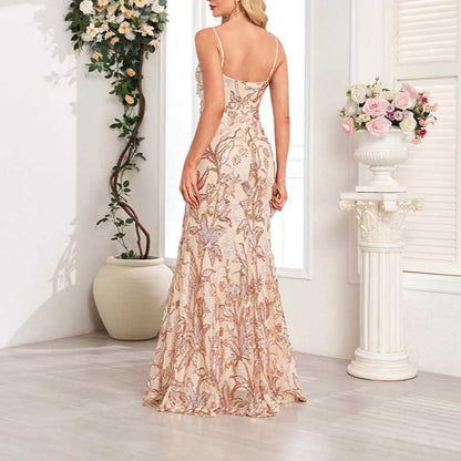 Gold Sequin Long Prom Dress A Line High Split Long Evening Dress