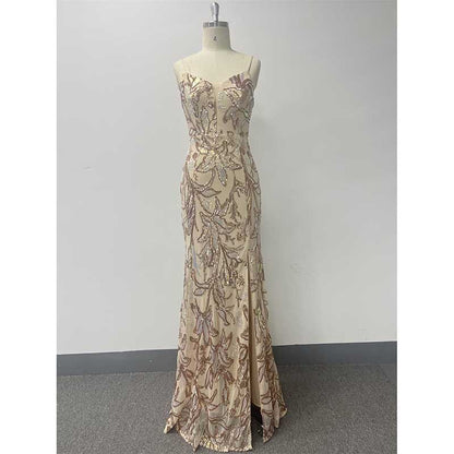 Gold Sequin Long Prom Dress A Line High Split Long Evening Dress