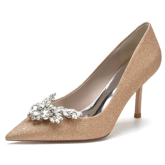 Glitter Rhinestones Wedding Shoes Slip On Bridal Heels Dress Shoes