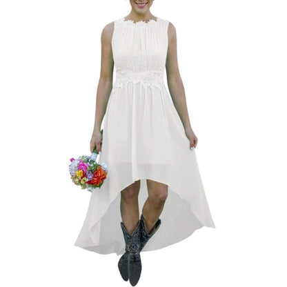 White high low lace chiffon bridesmaid dress with sleeveless design and floral waist detail