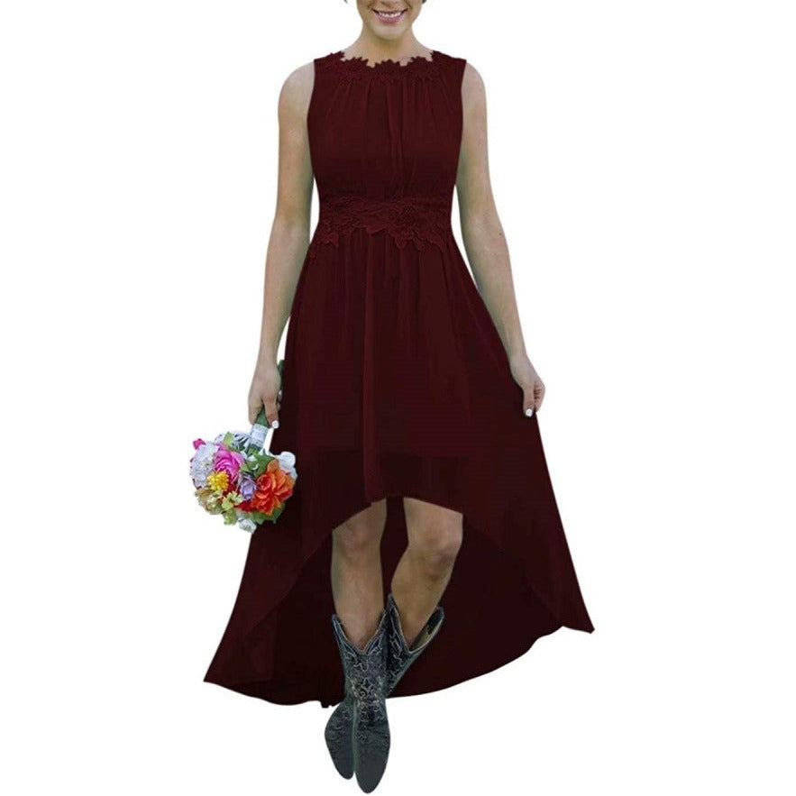 Wine red High low lace chiffon bridesmaid dress in black with sleeveless design and floral waist detailing