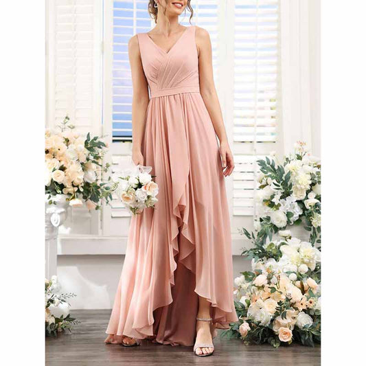 High Low Bridesmaid Dresses V Neck Formal Evening Party Dress with Pockets