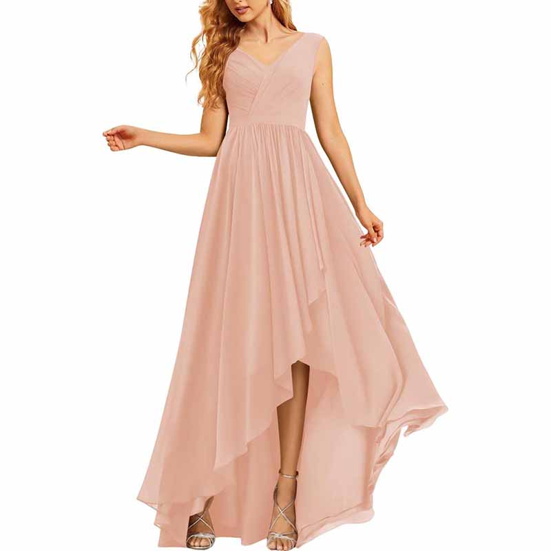 High Low Bridesmaid Dresses V Neck Formal Evening Party Dress with Pockets