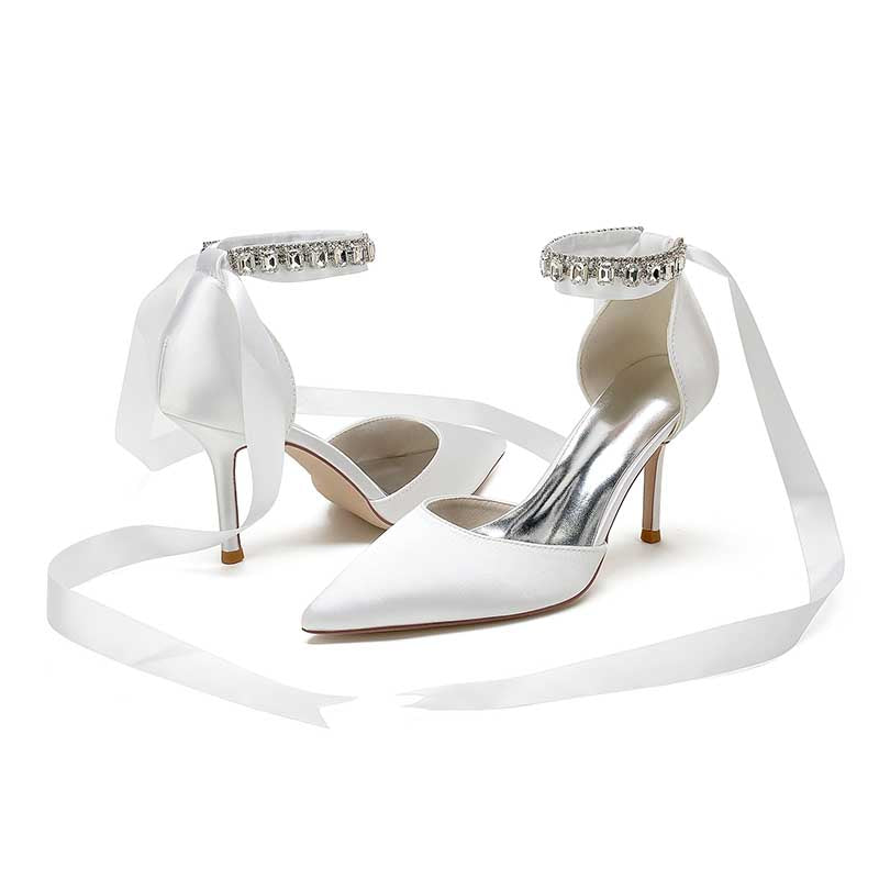 3.35" Satin Prom Shoes Heeled Lace-Up Bridal Shoes For Wedding