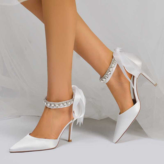 3.35" Satin Prom Shoes Heeled Lace-Up Bridal Shoes For Wedding