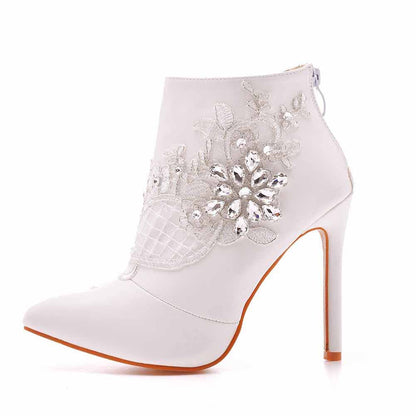white high heels lace wedding boots for bride with floral lace and rhinestone embellishments