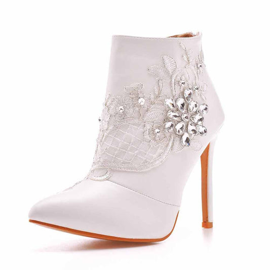 white high heel lace wedding boots for bride with floral embroidery and rhinestone decoration