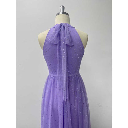 Halter Neck Wedding Guest Dress Tulle Long Prom Dress Lavender Maxi Dress
