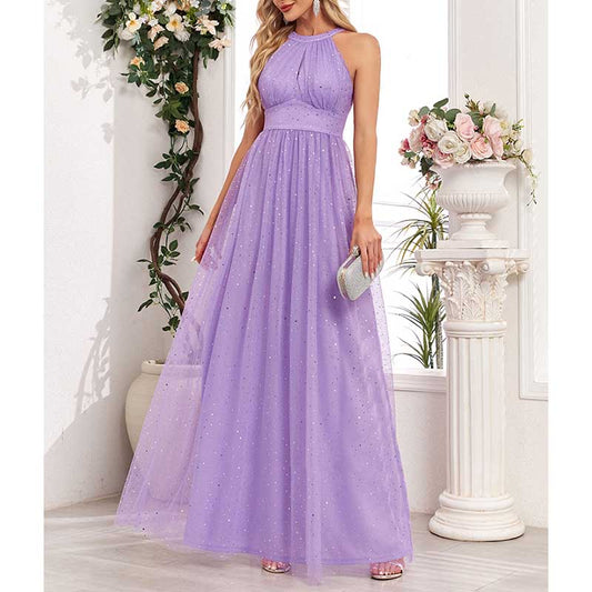 Halter Neck Wedding Guest Dress Tulle Long Prom Dress Lavender Maxi Dress