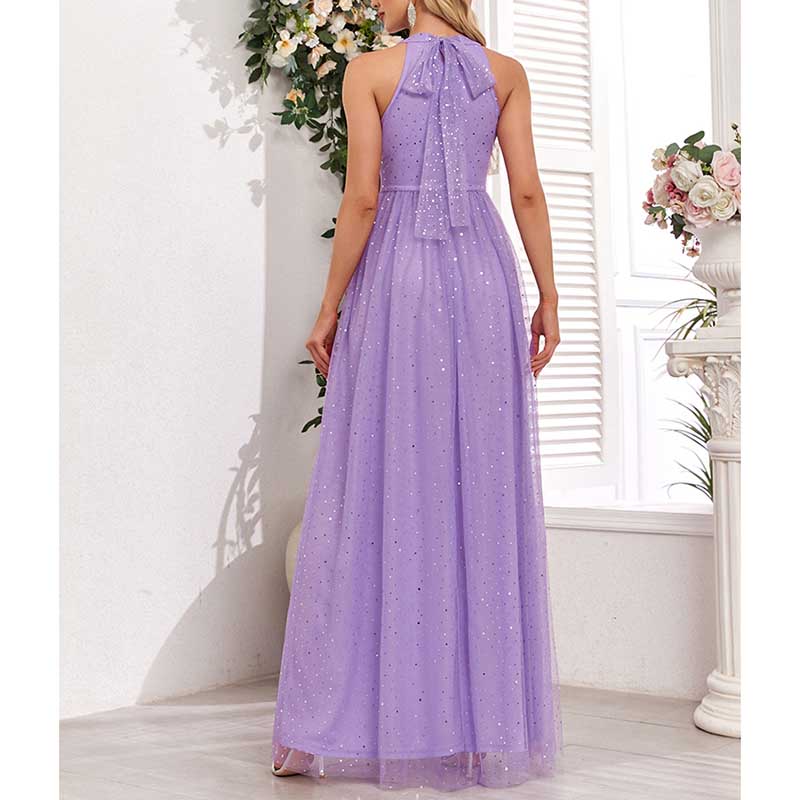 Halter Neck Wedding Guest Dress Tulle Long Prom Dress Lavender Maxi Dress