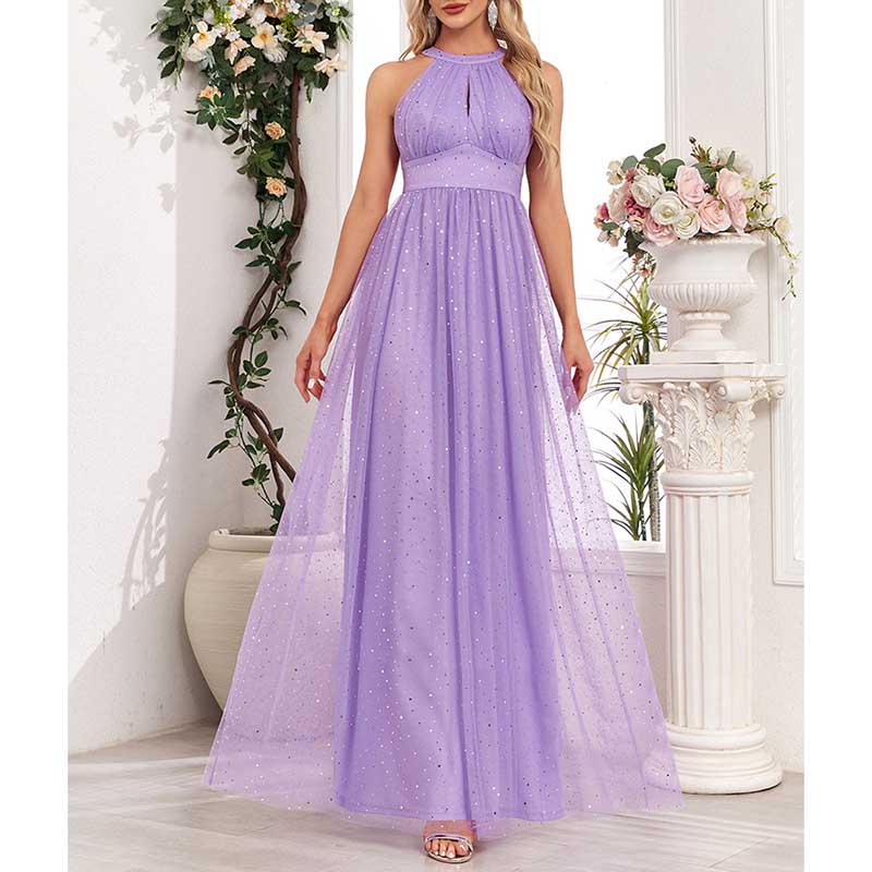 Halter Neck Wedding Guest Dress Tulle Long Prom Dress Lavender Maxi Dress