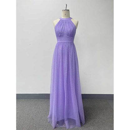 Halter Neck Wedding Guest Dress Tulle Long Prom Dress Lavender Maxi Dress
